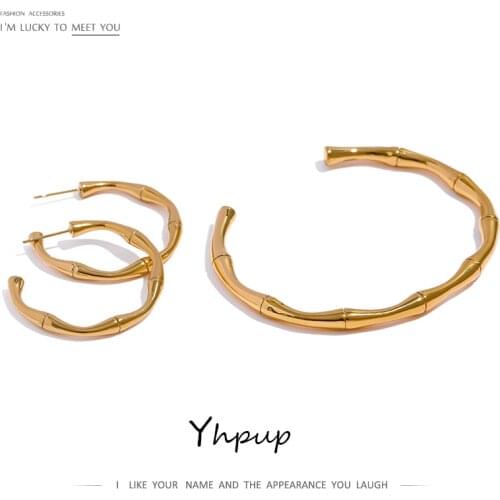 Yhpup Stainless Steel Bamboo Stud Earrings Waterproof Jewelry High Quality 18 K Metal Gold Women Earrings Bijoux Femme Gift