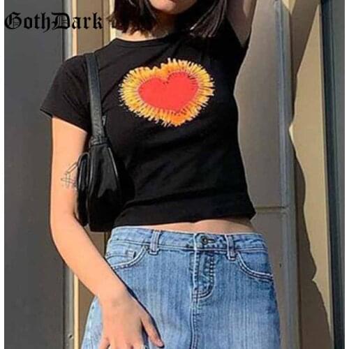 Goth Dark Gothic Heart Graphic Crop T-Shirts Black Harajuku E-Girl Grunge Style Women Tops Kwaii Korean Fashion Slim Streetwear