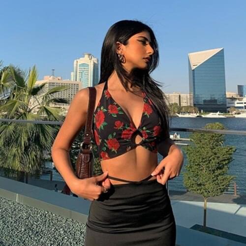 Halter Top Women 2021 Summer European American Vintage Rose Floral Print Sexy Hollow Out V Neck Backless Camisole Black T618