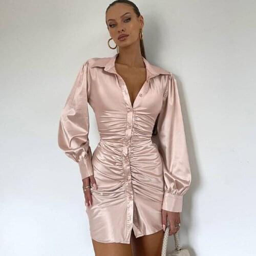 Backless lace up sexy satin shirt dress Women long sleeve draped elegant club dresses Autumn winter pink party vestidos female