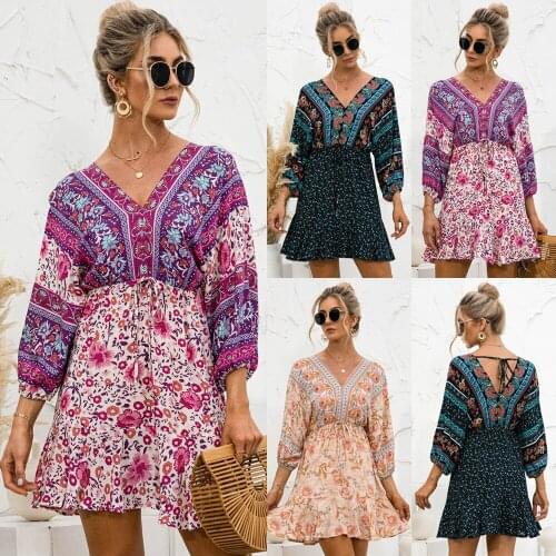 Summer Dress Femme Robes Women Ruffle Stitching A-Line Dresses High Waist V-Neck Flower Print Dress For Women Vestidos De Mujer