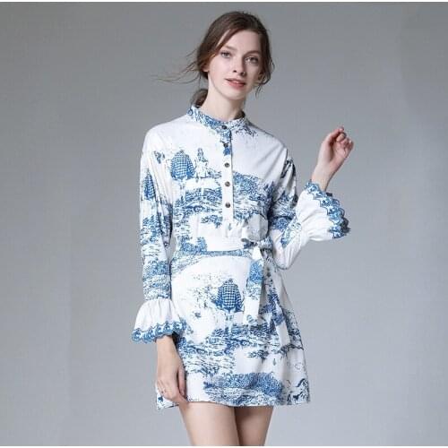 Vintage Landscapes Print Long Sleeve Shirt Dress Vestidos Mujer Verano Flare Sleeve Runway Dress Robe Blanche Dress Women