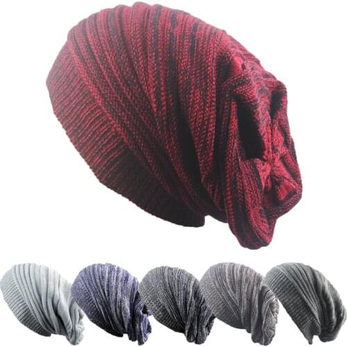 Unisex Men Women Winter Warm Hat Mixed Color Cotton Striped Hip Hop Hat Scarf Beanies Knit Long Loose Hat Gorro Headdress