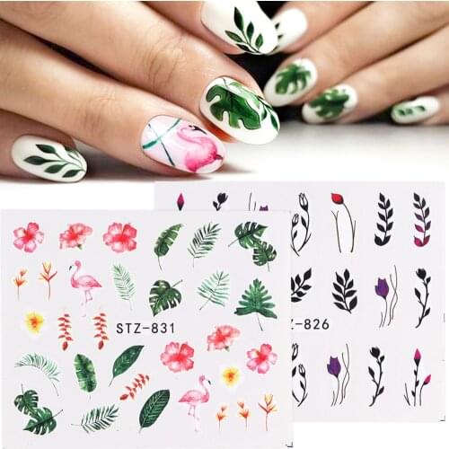 1pcs New Nail Stickers Green Leaf Flamingo Flowers Feather Water Decals Nail Art Decorations Wraps Sliders Manicure TRSTZ824-844