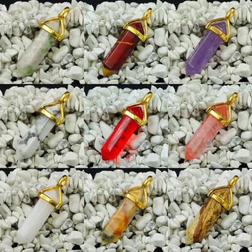 1 Mixed Stones Points Pendants Hexagon Pillar Glued Copper Cap Of Plating Gold Approx 40*10 mm