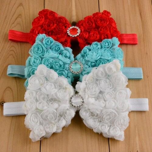 10pcs/lot Wholesale 4.7Inch Chiffon Hair Bows Headbands Circlet Rhinestone Center Kids Elastic Hair Bands Free Shipping FDA74