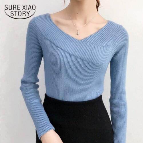 2021 Autumn Fashion Knitted Sweaters Women Long Sleeve Pullover Sweater Undershirt Blouse Solid V-neck Women Sweater 6041 50