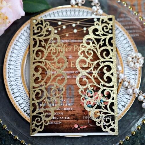 50pc Gold Glitter Spring Flower Print Laser Cut Wedding Invitation with Champagne Ribbon Personalized Sweet Fifteen Invites
