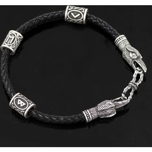Viking Real Leather Amulet Odin Raven Bracelet with Viking Knot Amulet Gift Bag In 3 Size Suite for Man and Women