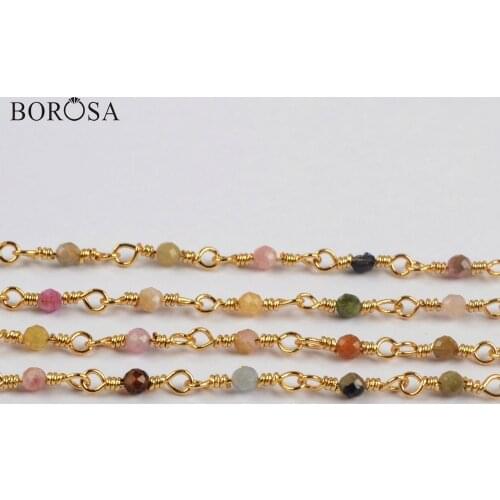 BOROSA 3Meters 2mm Natural Tourmaline Beads Faceted Chains Gems Stone Bead Brass Chains Accessories JT245