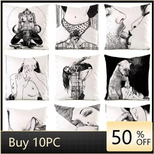 Black White Humanities Art Series Cushion Cover Man Woman Kiss Embrace Pillowcase Human Body Painting Throw Pillow Covers Decor