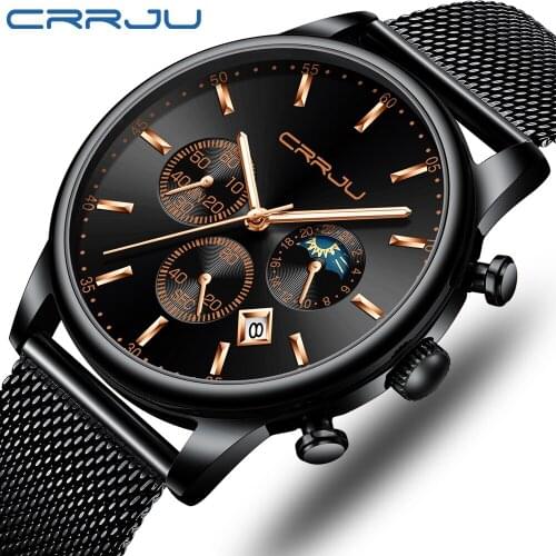 CRRJU Fashion Blue Men Watches Top Brand Luxury Rose gold Quartz Watch Men Casual Waterproof Sport Watch Relogio Masculino