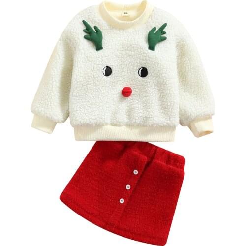 2Pcs Kids Christmas Tracksuit, Girls Fleece Cartoon Deer O-Neck Long Sleeves Sweatshirt+ Short Skirt, 2-6 Years