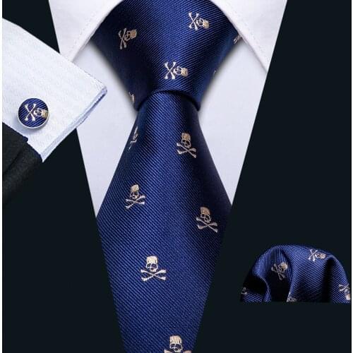 Blue Skull Fashion Men Tie Necktie Gravat Handkerchief Cufflinks Set Silk Ties For Men Suit Party Business Gift Barry.Wang