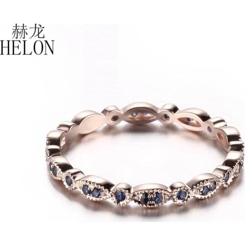 HELON Solid 10k Rose Gold Round Genuine Sapphires Gemstone Ring For Women Stacked Band Wedding Engagement Band Fine Jewelry