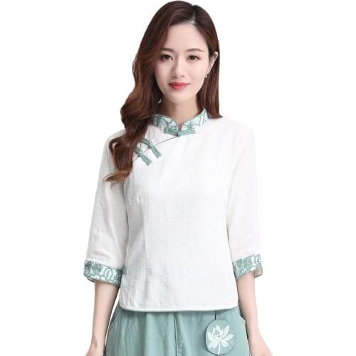 Shanghai Story 3/4 Sleeve chinese Traditional Clothing Womens Chinese Top Blend Linen Blouse Chinese White Qipao Shirt