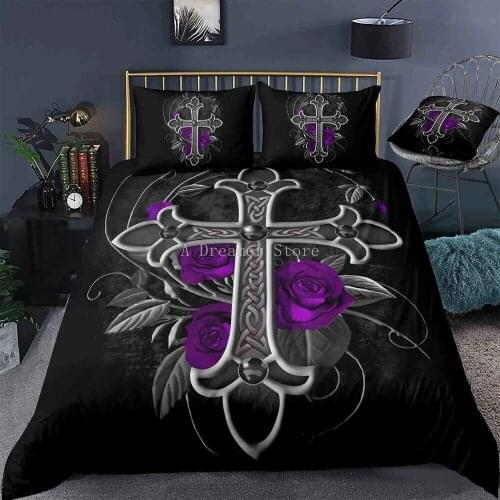Cartoon Jesus Christ Cross Bedding Set Black Bedroom Decor 100% Microfiber Hypoallergenic Duvet Cover with Pillowcases