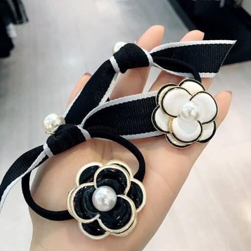 Korea Black white Camellia Bow Pearl Elastic Hair Bands Rubber Band Hair Accessories For Girls Ribbon Hair Ties Gum for Hair