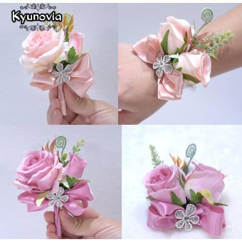 Kyunovia Silk Ribbon Blush Pink Purple Rose Corsage Flowers Groom Suit Men Boutonniere Bride Wedding corsages boutonnieres D41