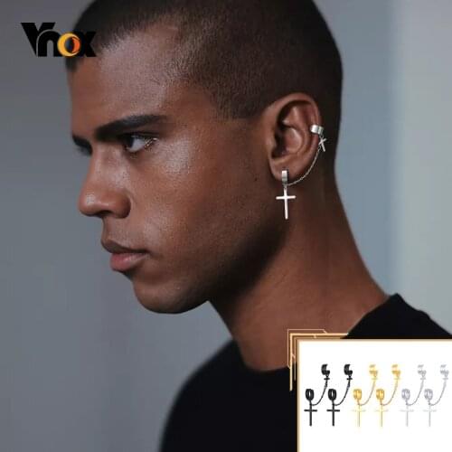 Vnox Minimalist Cross Dangle Earrings for Men Women,Simple Stainless Steel Drop Small Hoop Metal Ear Clip Jewelry,Anti Allergy