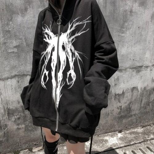 2021 Gothic Oversized Hoodies Autumn Long Sleeve Zip-up Sweatshirt Jacket Coat E-girl Punk Style Hip Hop Grunge Couple Clothing