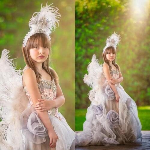 New Arrival Girls Pageant Dresses Feather 3D Floral Appliqued Princess Kids Formal Wear Dress Party Birthday Gowns
