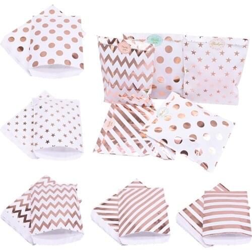 50pcs/lot Cookies Candy Bags Rose Gold Party Favor Gift Bags Chevron Polka Dots Twill Stripe Pattern Paper Pouch Baking Supplies
