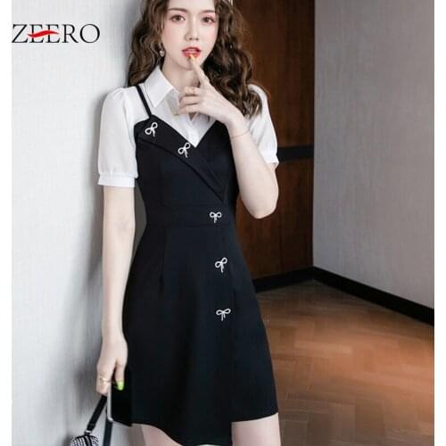Dress for Women Fake Two Lapel Short Sleeve Bowknot Irregular Hem Dress Black Summer High Waist Slmi A-line Dresse Plus Size