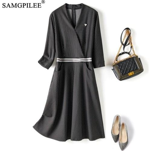 High-quality Stripes Slim Elegant Dress For Women Large Swing High Waist Knee Length Midi Dresses Autumn And Winter Vadim 4XL