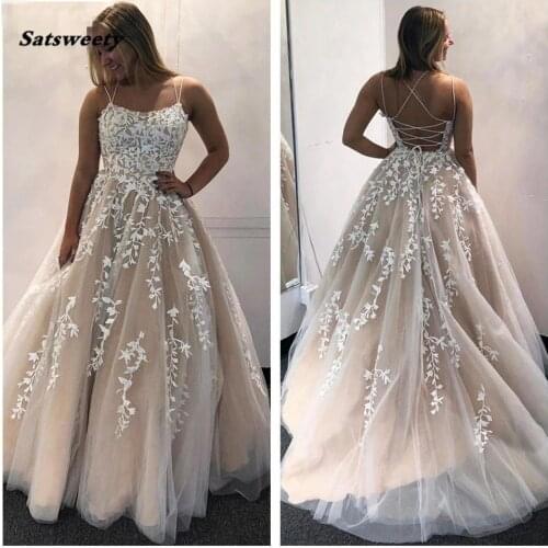Satsweety Stunning Prom Dresses 2021 Double Straps Sleeveless vestido de festa gala jurken Dress Prom Lace Appliques Corset Back