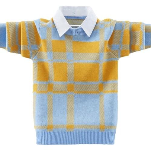 Boys pullover pure cotton fake two-piece plaid sweater new spring/autumn/winter big kids plus velvet warm bottoming shirt