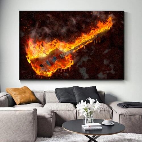 Modern Guitar with Fire Canvas Paintings Music Posters and Prints Wall Art Pictures for Living Room Home Wall Decoration Cuadros
