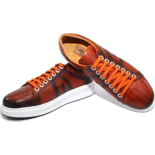 Premium Handmade Sport Sneaker, Hand Dyed Patina Leather, Striped Pattern, Exciting Design Brown Orange Color for Fashion Lovers