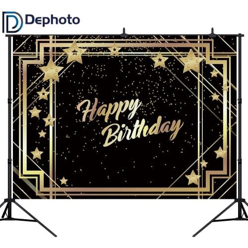 DePhoto Photography Backdrop Happy Birthday Background Black Golden Stars Party Decorations Photo Studio Booth Photocall