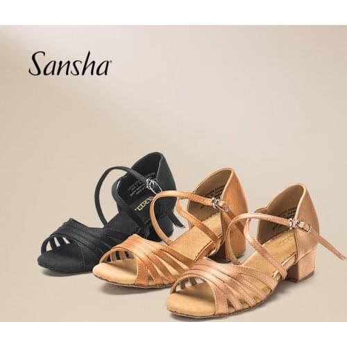 Sansha New Girls Satin Latin Shoes Suede Sole Low Heels Black Tan Gold Ballroom Tango Dance Shoes BK13082S