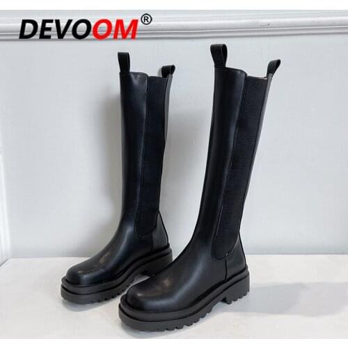 New Women Botas Round Toe Platform Thick Heel Mid-Calf Boots Woman Fashion Slip-on Chelsea Booties Autumn Black thigh high boots