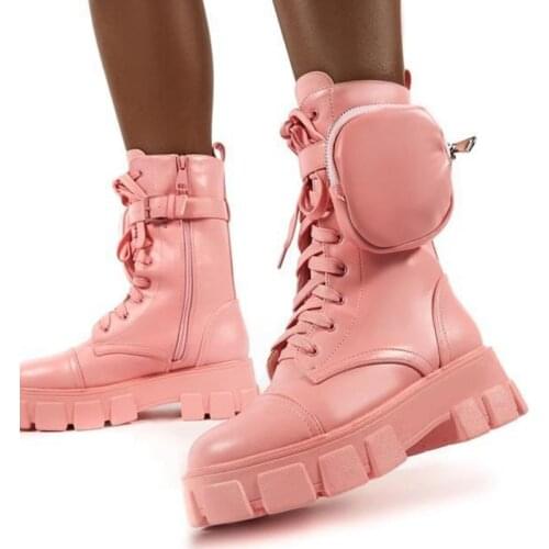 2020 Autumn Winter Bootie Pocket Buckle Strap Pink Chunky Sole Pouch Woman Boots Shiny Leather Patchwork Arrival Platform Boots