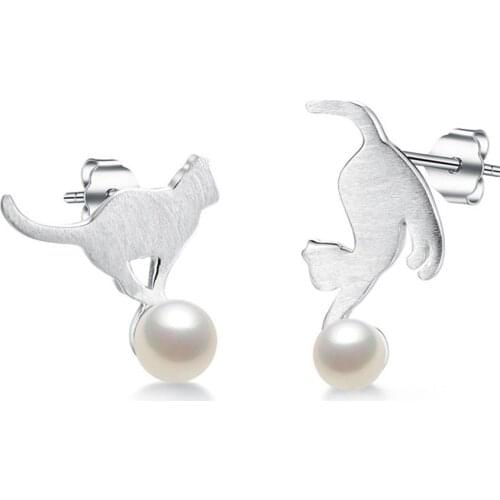 Cute Cat with Round Pearls Shape Desing Real 925 Sterling Silver Stud Earrings for Women Girls Christmas Lovely Gifts