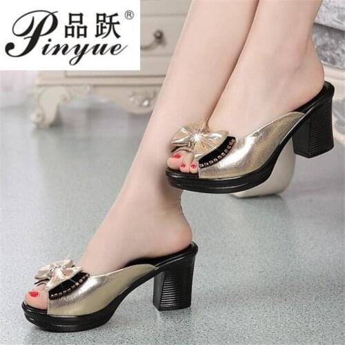 Women slippers genuine leather rhinestone thick high-heeled color block decoration open toe women sandals size 35--41