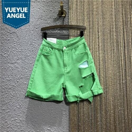 Women Green Denim Shorts Summer High Waist Straight Knee Length Shorts Preppy Style Hole Ripped Thin Short Jeans Female S-XL