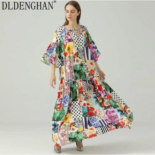 DLDENGHAN Designer Floral Patchwork Print Indie Folk Dress For Women Lace Up O-Neck Flare Sleeve Loose Maxi Dresses Summer New