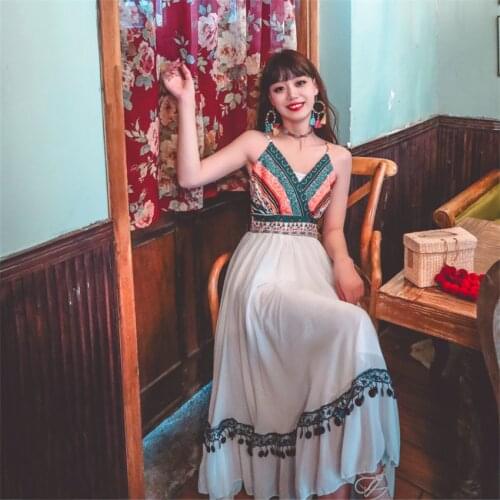 Summer Beach Dress For Women Holiday Dresses Retro Vintage Sequined Print Boho Dress Spaghetti Strap Sundress Big Swing Vestidos