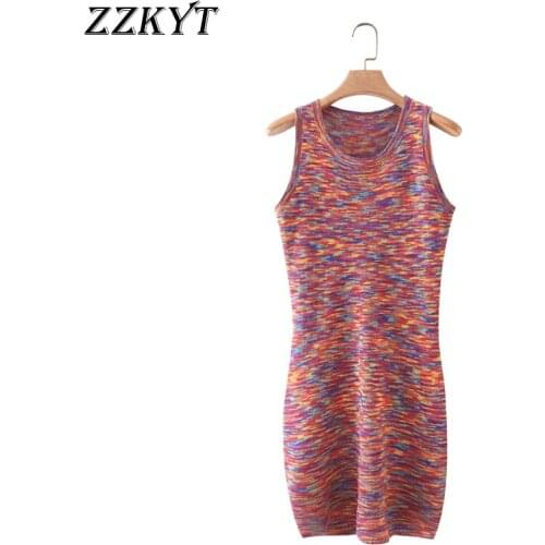 ZZKYT 2021 Women Summer Vintage Colorful Knitted Mini Dress Fashion Sweet O-Neck Sleeveless Backless Female Party Slim Dresses