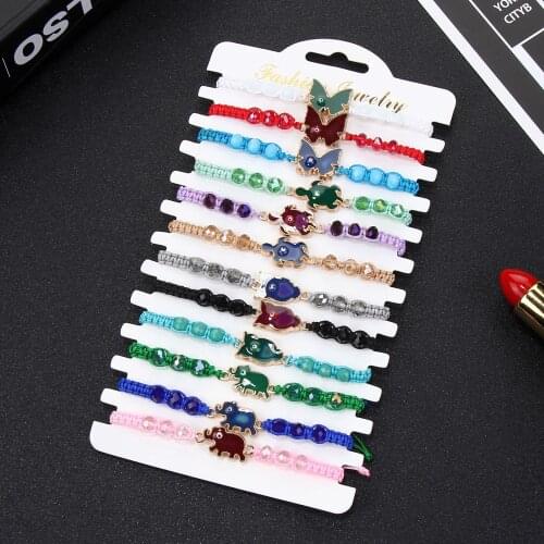 12pcs/lot Crystal Rhinestone Butterfly Owl Tortoise Pendant Charm Bracelet for Girls Adjustable Anklet Kids Jewelry