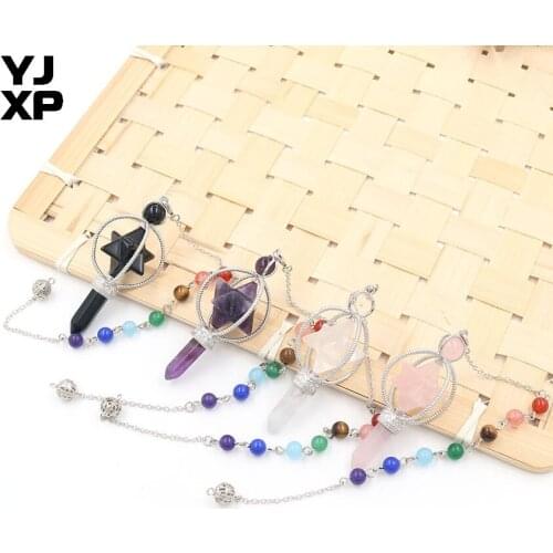7 Chakra Chain Rotate Merkaba Reiki Pendulum Natural Pink Quartzs Black Agates Stone Spiritual Pendants Divination Jewelry 1 Pcs