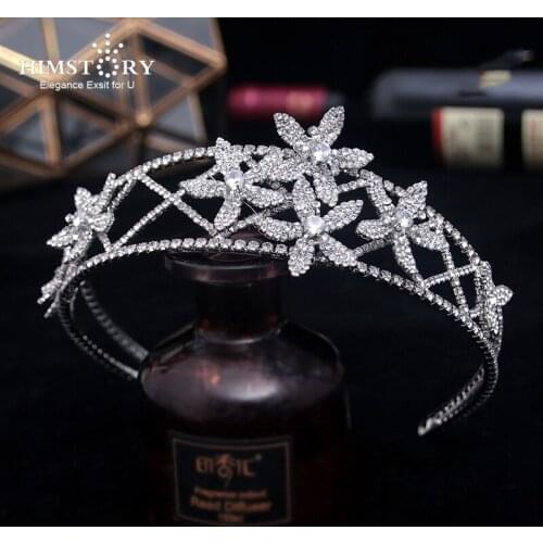 HIMSTORY New Rhinestone Silvery Crystal Flowers Hairband Royal Crown Tiaras Bridal Wedding Dressing Crown Accessory Women