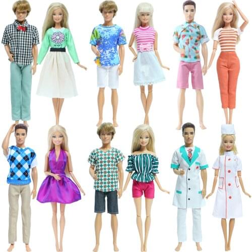 Fashion 2 Sets Casual Outfits Daily Wear Boy Girl Suit Dress Couple Doll Accessories Clothes for Barbie Ken Doll Toys