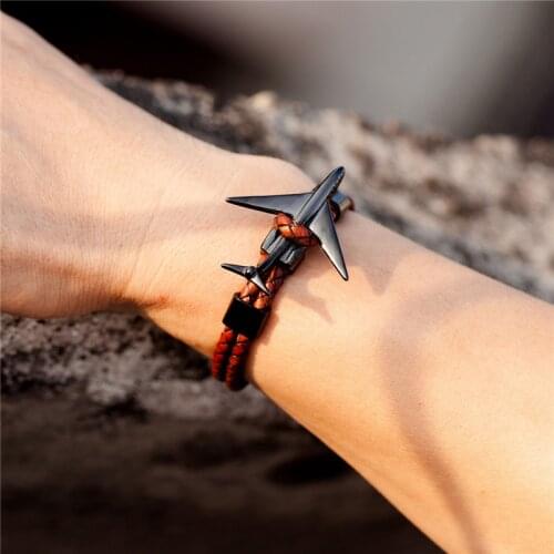 New Fashion Black Plated Stainless Steel Genuine Leather Aviation Airplane Anchor Bracelets from Aviators Air Force Style