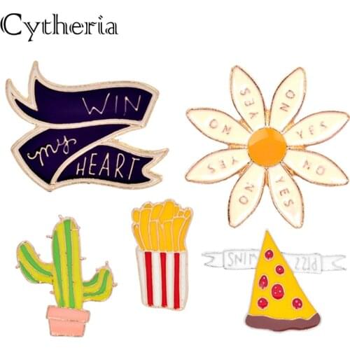 Yes no flower pins French fries pizza broches colorful enamel cartoon pin Cactus Potted plant lapel pin badge Ribbon silk button