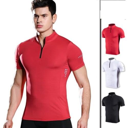 Quick-drying Sports Mens High-neck Zipper Short-sleeved Fitness Clothes High-elastic Breathable Sweating Running T-shirt